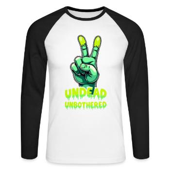 Undead and Unbothered Peace-Zeichen Zombie - Unisex Baseballshirt langarm - Weiß/Schwarz - Vorne - Nik (191cm)