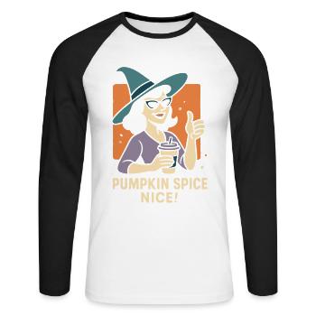 Pumpkin Spice Nice Halloween coffee lover Costume - Unisex Long Sleeve Baseball T-Shirt - white/black - Front - Nik (191cm)