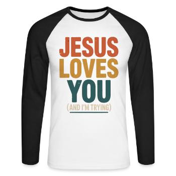 Jésus t’aime (j’essaie) - T-shirt baseball manches longues Homme - blanc/noir - Devant - Nik (191cm)