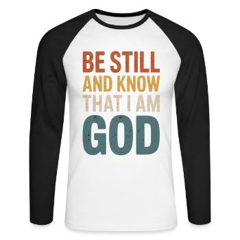 Restez tranquilles et sachez que je suis Dieu – Verset biblique - T-shirt baseball manches longues Homme - blanc/noir - Devant - Nik (191cm)