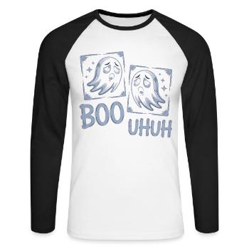 Boo Uhuh – Funny ghost shirt for Halloween - Unisex Long Sleeve Baseball T-Shirt - white/black - Front - Nik (191cm)