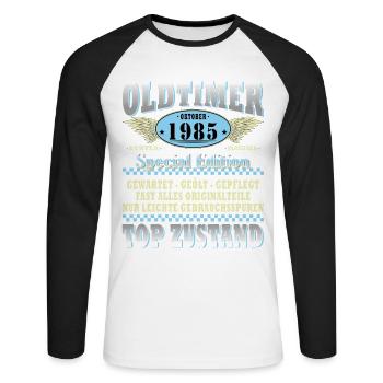 Cadeau 40ème anniversaire Voiture Ancienne Octobre 1985 - T-shirt baseball manches longues Homme - blanc/noir - Devant - Nik (191cm)