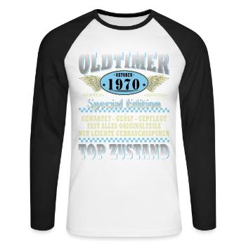 Cadeau 55ème anniversaire Voiture Ancienne Octobre 1970 - T-shirt baseball manches longues Homme - blanc/noir - Devant - Nik (191cm)