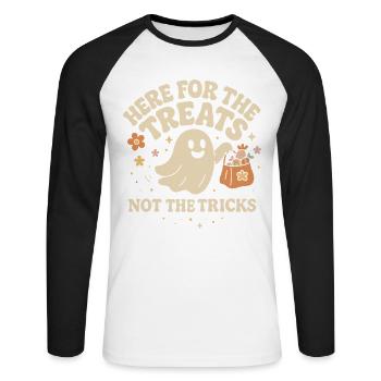 Ici, pour les friandises, pas pour les tours Ghost Design - T-shirt baseball manches longues Homme - blanc/noir - Devant - Nik (191cm)