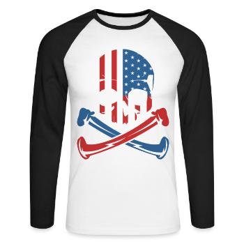 American Flag Skull Shirt - Unisex Long Sleeve Baseball T-Shirt - white/black - Front - Nik (191cm)