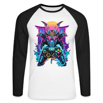 Manette de jeu Masque de samouraï Ronin Gambler Motif - T-shirt baseball manches longues Homme - blanc/noir - Devant - Nik (191cm)