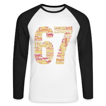 Thanksgiving 67 mèmes – Argot de la génération Alpha - T-shirt baseball manches longues Homme - blanc/noir - Devant - Nik (191cm)