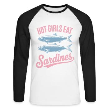 Sardines Pop Art Texte - T-shirt baseball manches longues Homme - blanc/noir - Devant - Nik (191cm)