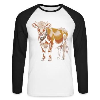 Kuh Porträt mit Bandana in Erdtönen - Unisex Baseballshirt langarm - Weiß/Schwarz - Vorne - Nik (191cm)