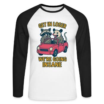 Get In Loser We’re Going Insane Raccoon Possum - T-shirt baseball manches longues Homme - blanc/noir - Devant - Nik (191cm)