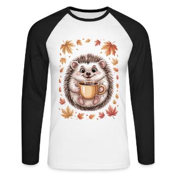 Herbstlicher Igel mit Kaffeebecher - Unisex Baseballshirt langarm - Weiß/Schwarz - Vorne - Nik (191cm)
