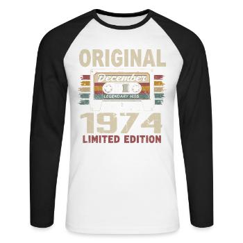 Cadeau D'anniversaire Décembre 1974 - T-shirt baseball manches longues Homme - blanc/noir - Devant - Nik (191cm)