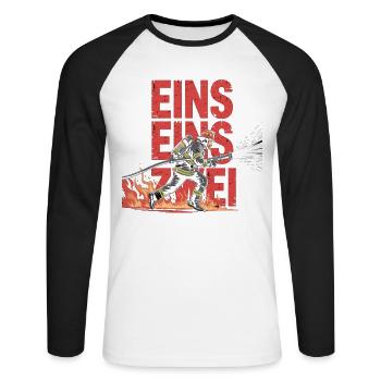 Dicton des pompiers – Le héros de l’appel d’urgence 112 en action - T-shirt baseball manches longues Homme - blanc/noir - Devant - Nik (191cm)