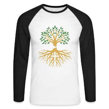Rooted in Christ – Baum & Kreuz Glaube - Unisex Baseballshirt langarm - Weiß/Schwarz - Vorne - Nik (191cm)