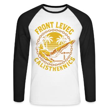 Front Levec Calisthenics Fitness Gym Entraînement - T-shirt baseball manches longues Homme - blanc/noir - Devant - Nik (191cm)