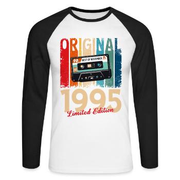 Cassette 30ème Anniversaire Novembre Millésime 1995 - T-shirt baseball manches longues Homme - blanc/noir - Devant - Nik (191cm)