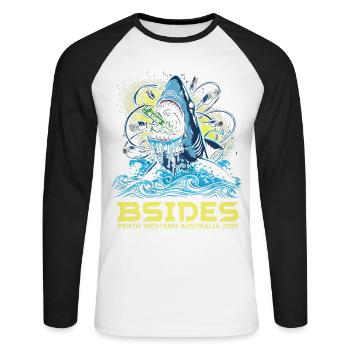 Shark Beat BSIDES Perth 2025 - Unisex Long Sleeve Baseball T-Shirt - white/black - Front - Nik (191cm)