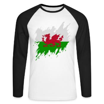 Flag of Wales, torn style - Unisex Long Sleeve Baseball T-Shirt - white/black - Front - Nik (191cm)