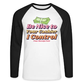 Seien Sie nett zu Ihrem Kassierer - Unisex Baseballshirt langarm - Weiß/Schwarz - Vorne - Nik (191cm)