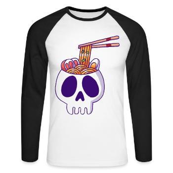 Crâne et nouilles Ramen - T-shirt baseball manches longues Homme - blanc/noir - Devant - Nik (191cm)