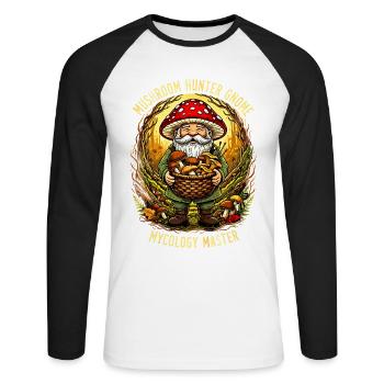 Gnome chasseur de champignons | Maître Mycologie Cueilleur de Champignons - T-shirt baseball manches longues Homme - blanc/noir - Devant - Nik (191cm)