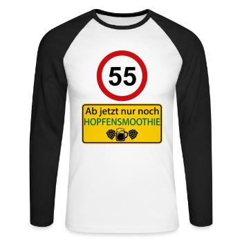 55 Ab jetzt nur noch Hopfensmoothie - Unisex Baseballshirt langarm - Weiß/Schwarz - Vorne - Nik (191cm)