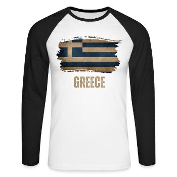 Drapeau grunge de la Grèce, j’adore la Grèce - T-shirt baseball manches longues Homme - blanc/noir - Devant - Nik (191cm)