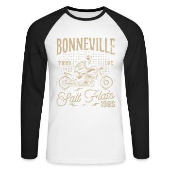 Bonneville Salt Flats Moto Anniversaire 1985 - T-shirt baseball manches longues Homme - blanc/noir - Devant - Nik (191cm)