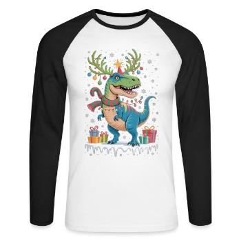 T-Rex de Noël avec guirlandes lumineuses et cadeaux - T-shirt baseball manches longues Homme - blanc/noir - Devant - Nik (191cm)