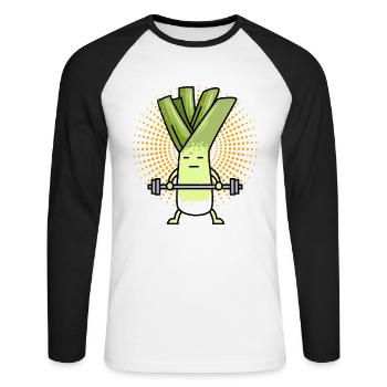 Halérophile MUSCLE LEEK Gym Drôle - T-shirt baseball manches longues Homme - blanc/noir - Devant - Nik (191cm)