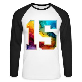 NR. 15 NUMMER 15 COLLEGE 15. GEBURTSTAG - Unisex Baseballshirt langarm - Weiß/Schwarz - Vorne - Nik (191cm)
