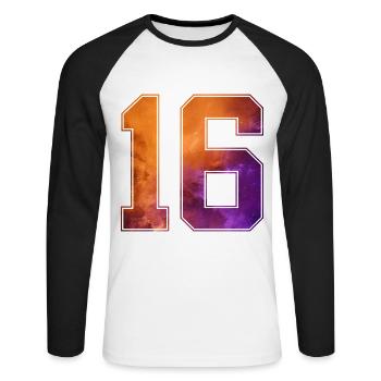 NR. 16 NUMMER 16 COLLEGE 16. GEBURTSTAG - Unisex Baseballshirt langarm - Weiß/Schwarz - Vorne - Nik (191cm)