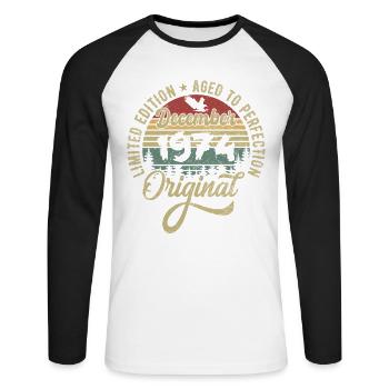 Décembre 1974 - Légende depuis décembre 1974 - T-shirt baseball manches longues Homme - blanc/noir - Devant - Nik (191cm)