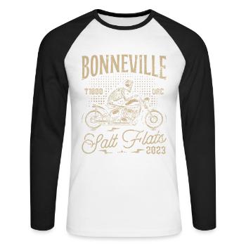 Bonneville Salt Flats Motorrad Geburtstag 2023 - Unisex Baseballshirt langarm - Weiß/Schwarz - Vorne - Nik (191cm)