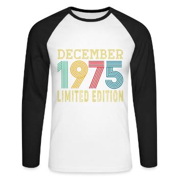 Born December 1975 50 Year Old 50th Anniversary Gift - Unisex Long Sleeve Baseball T-Shirt - white/black - Front - Nik (191cm)
