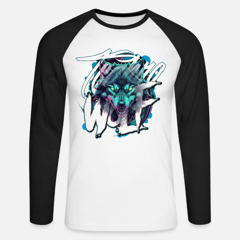 Neon Techno Wolf Head–Rave Wolf - Unisex Baseballshirt langarm - Weiß/Schwarz