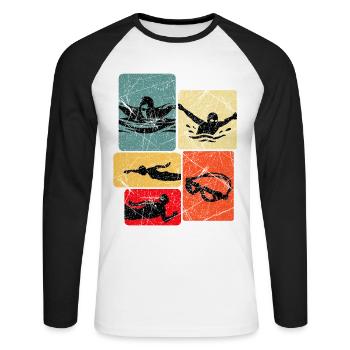 Vintage Schwimmer Silhouetten Muster - Unisex Baseballshirt langarm - Weiß/Schwarz - Vorne - Nik (191cm)