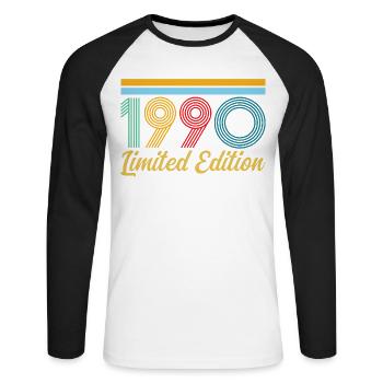 Anniversaire 1990 Né en 1990 Vintage Rétro Cadeau - T-shirt baseball manches longues Homme - blanc/noir - Devant - Nik (191cm)