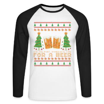 Hässlicher Pullover Beste Zeit für Bier Weihnachten - Unisex Baseballshirt langarm - Weiß/Schwarz - Vorne - Nik (191cm)