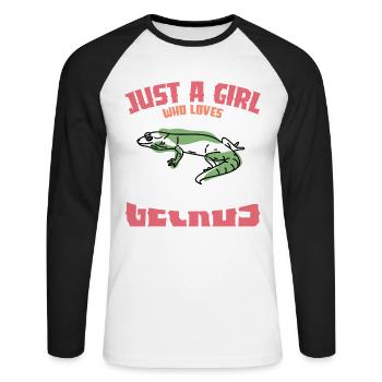 Gecko Vibes: Nur ein Mädchen - Unisex Baseballshirt langarm - Weiß/Schwarz - Vorne - Nik (191cm)