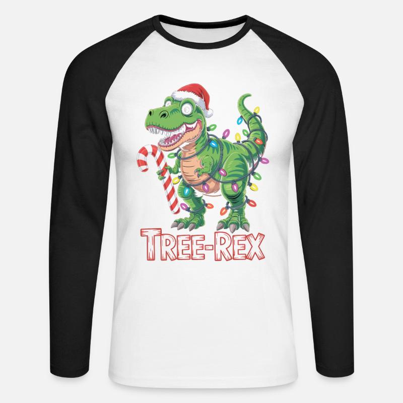 Tree-Rex – T-Rex mit Zuckerstange & Lichtern - Unisex Baseballshirt langarm - Weiß/Schwarz