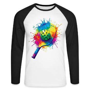 Pickleball Splash Art - Racket & Colored Ball - Unisex Long Sleeve Baseball T-Shirt - white/black - Front - Nik (191cm)
