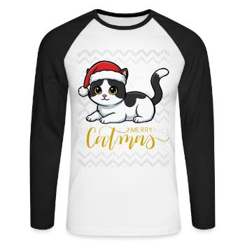 Chaton Noël en bonnet rouge - T-shirt baseball manches longues Homme - blanc/noir - Devant - Nik (191cm)