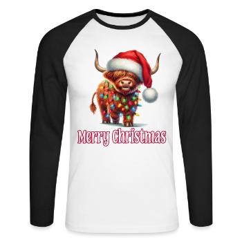 Bétail des Highlands avec un chapeau de Noël Joyeux Noël - T-shirt baseball manches longues Homme - blanc/noir - Devant - Nik (191cm)