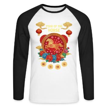 Année du Zodiaque chinois du Cheval - T-shirt baseball manches longues Homme - blanc/noir - Devant - Nik (191cm)