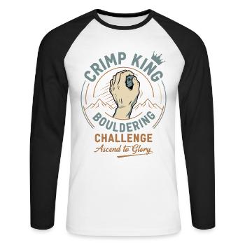 Crimp King Bouldering Challenge Ascend to Glory - Unisex Long Sleeve Baseball T-Shirt - white/black - Front - Nik (191cm)