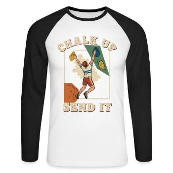 Chalk Up Send It Climbing Bouldering Fun - Unisex Long Sleeve Baseball T-Shirt - white/black - Front - Nik (191cm)