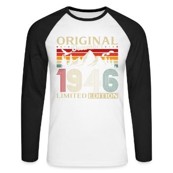 79. Geburtstag Original Dezember Jahrgang 1946 - Unisex Baseballshirt langarm - Weiß/Schwarz - Vorne - Nik (191cm)