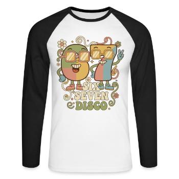Fête rétro 6-7 Ball Disco Ball Cadeau Drôle Mignon - T-shirt baseball manches longues Homme - blanc/noir - Devant - Nik (191cm)