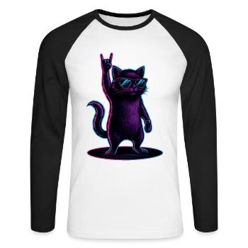 Synthwave Cat Cat with Rockhand Pose - Unisex Long Sleeve Baseball T-Shirt - white/black - Front - Nik (191cm)